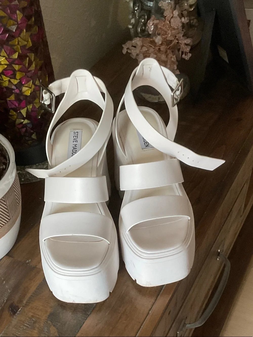 Steve Madden White Platform Strappy Sandals with Ankle Buckle